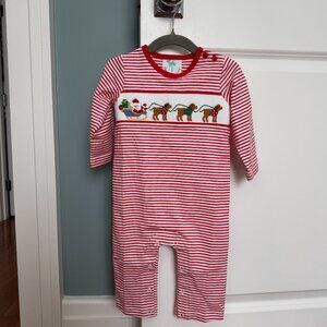 Shrimp & Grits Boys Smocked Romper - Santa and Dogs
